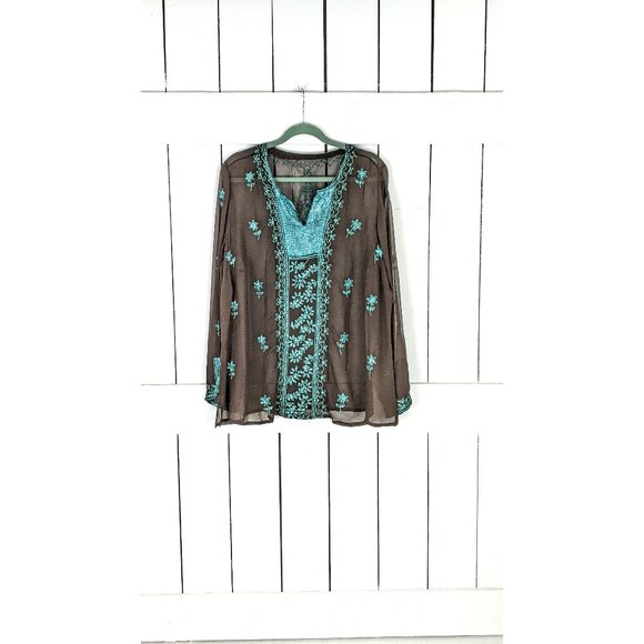 Brown floral blue sequin beaded sheer tribal Indian boho tunic long sleeve top - Picture 1 of 6